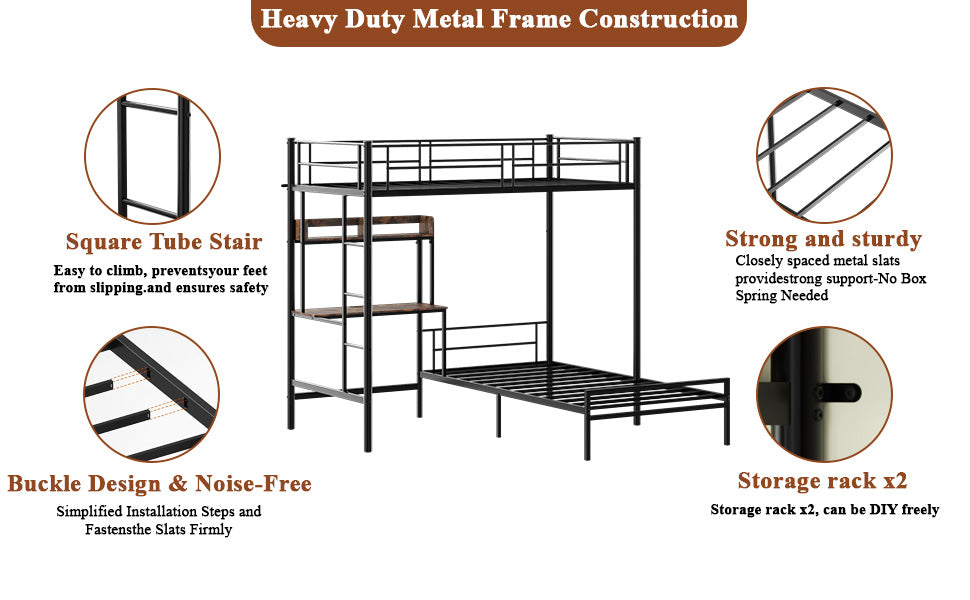Bunk Bed Twin Over Twin Size with Desk and Charging Station L-Shaped Metal Bunk Bed with Storage Shelves and Bookcase Loft Beds with Safety Guardrail and Ladder for Teen,Black image 6