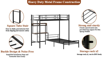 Bunk Bed Twin Over Twin Size with Desk and Charging Station L-Shaped Metal Bunk Bed with Storage Shelves and Bookcase Loft Beds with Safety Guardrail and Ladder for Teen,Black image 6