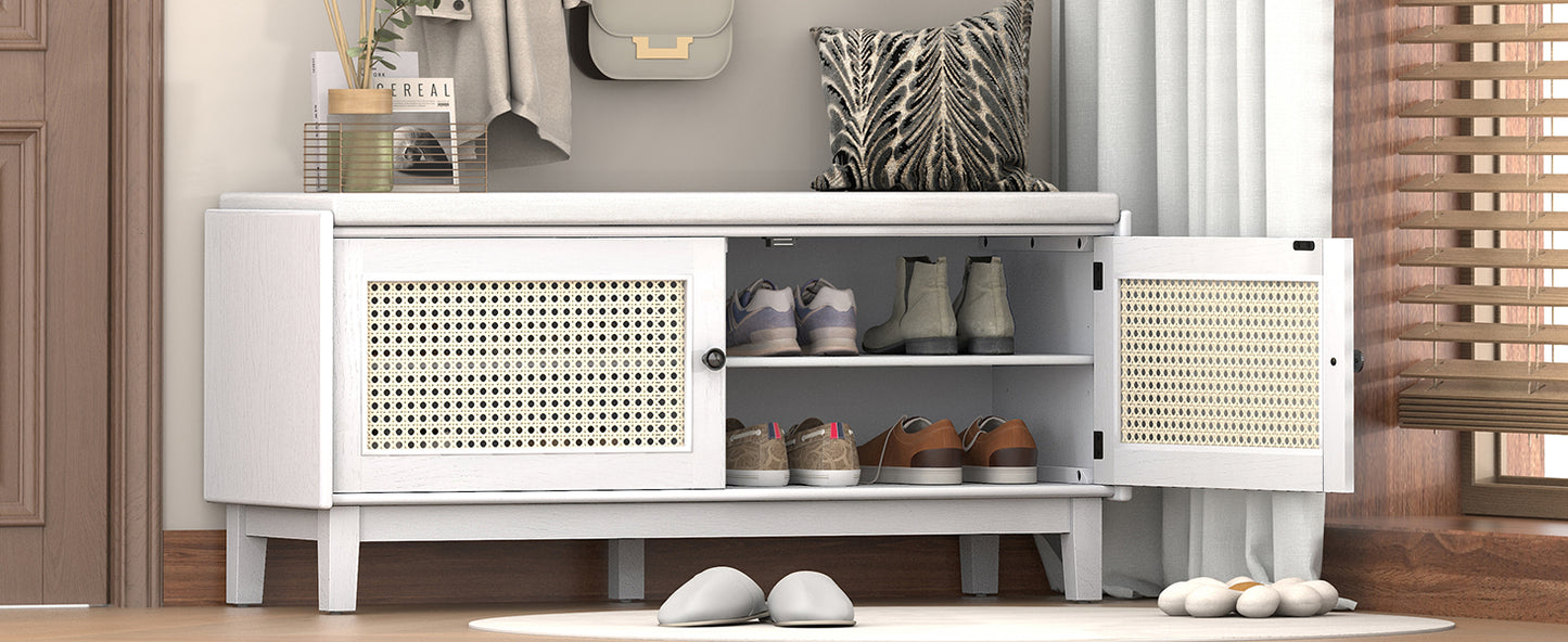 TREXM Boho Rattan Entryway Bench with Storage, Cushioned Shoe Bench with Double Doors, Wooden Shoe Organizer Bench for Entryway and Hallway (White+Beige) image 4