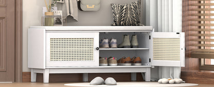 TREXM Boho Rattan Entryway Bench with Storage, Cushioned Shoe Bench with Double Doors, Wooden Shoe Organizer Bench for Entryway and Hallway (White+Beige) image 4