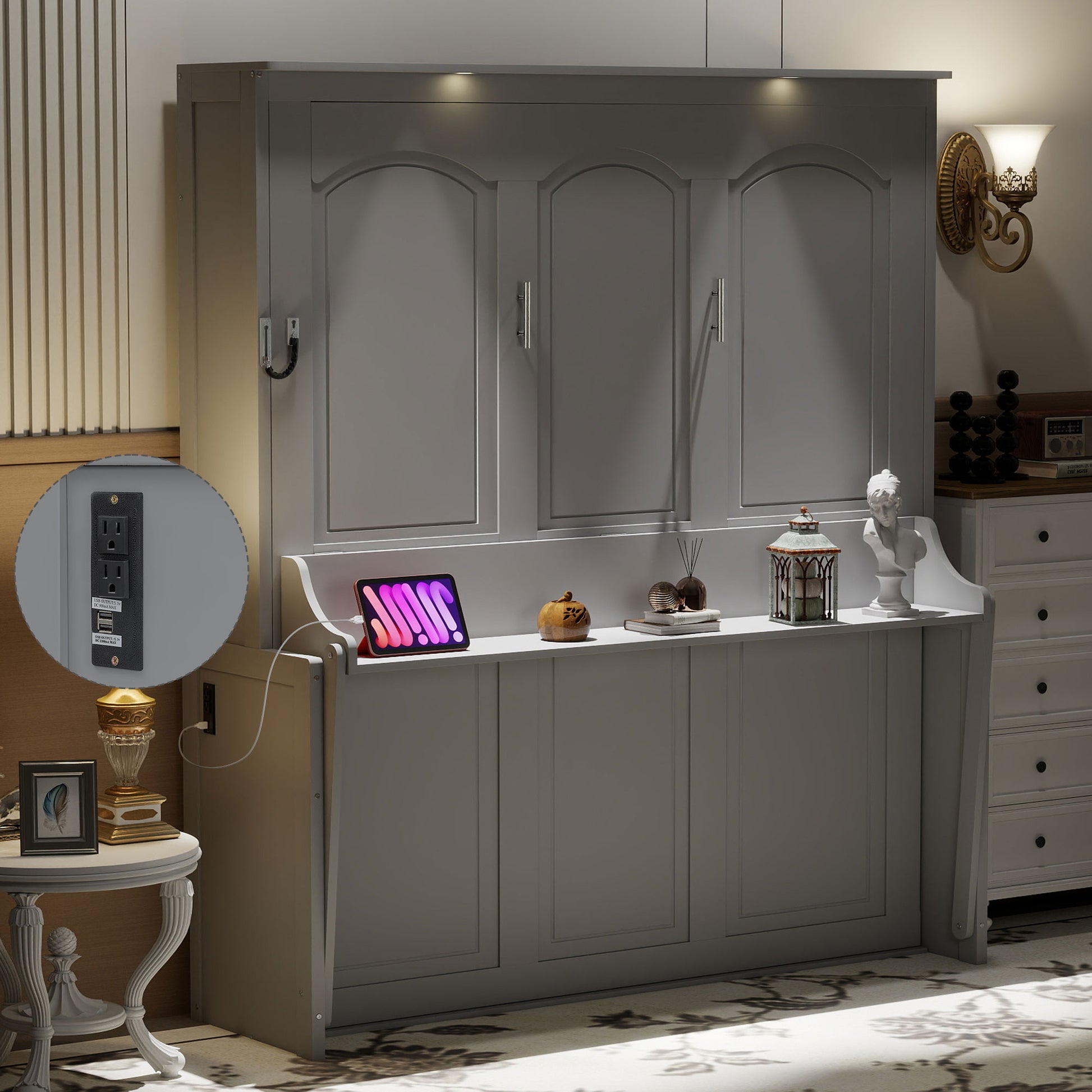 Queen Size Murphy Bed with Desk,LED Lights and USB Charging Station,Gray image 1