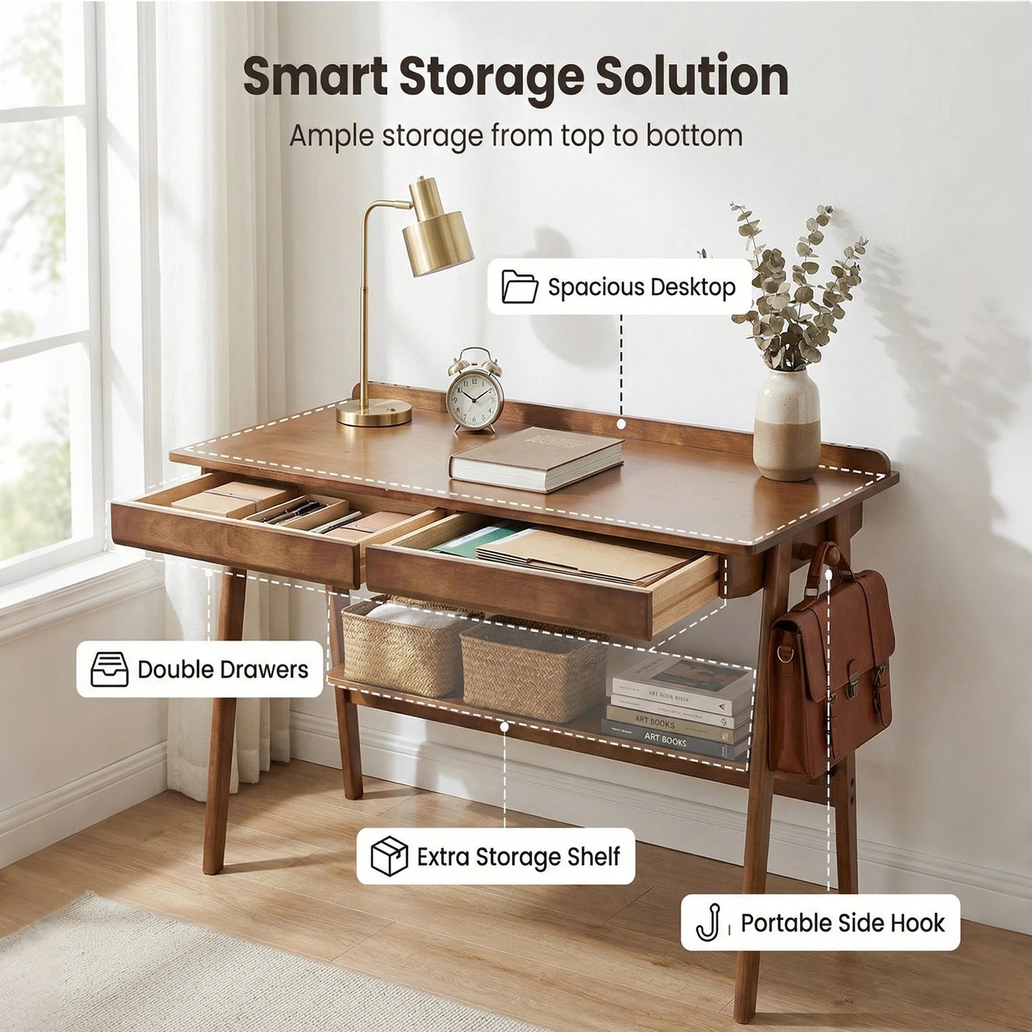 Solid Wood Writing Desk, Home Office Desk for Small Spaces, Mid Century Modern Desks with 2 Drawers & Storage Shelf, Standing Desk with Side Hooks for Study, Bedroom, Office (Walnut) image 3