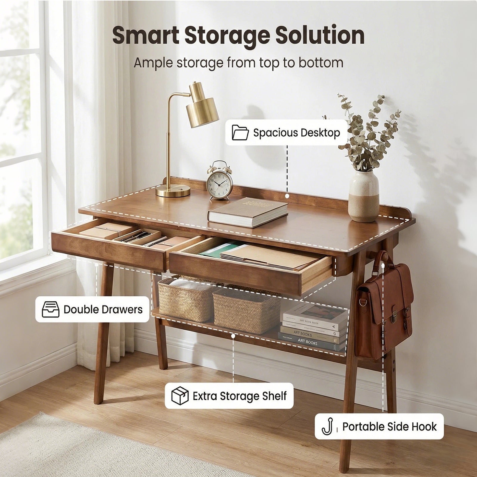 Solid Wood Writing Desk, Home Office Desk for Small Spaces, Mid Century Modern Desks with 2 Drawers & Storage Shelf, Standing Desk with Side Hooks for Study, Bedroom, Office (Walnut) image 3