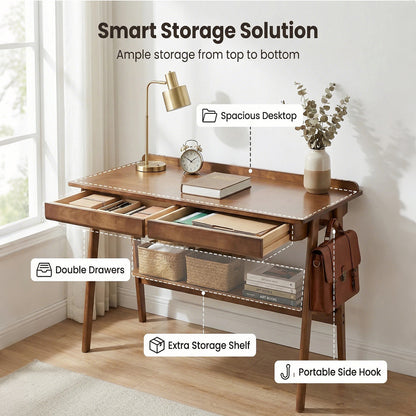 Solid Wood Writing Desk, Home Office Desk for Small Spaces, Mid Century Modern Desks with 2 Drawers & Storage Shelf, Standing Desk with Side Hooks for Study, Bedroom, Office (Walnut) image 3