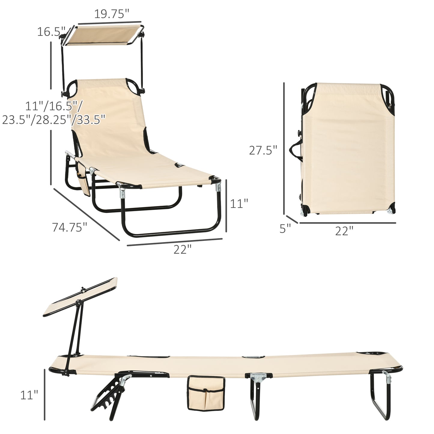Outsunny Folding Chaise Lounge Pool Chairs, Outdoor Sun Tanning Chairs with Canopy Shade, Reclining Back, Steel Frame and Side Pocket for Beach, Yard, Patio, Tan image 3