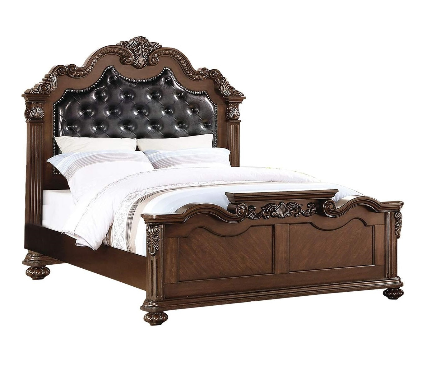 Gorgeous Traditional Antique Cherry 1pc Eastern King Size Bed Tufted Faux Leather Headboard Wooden Bedframe image 5