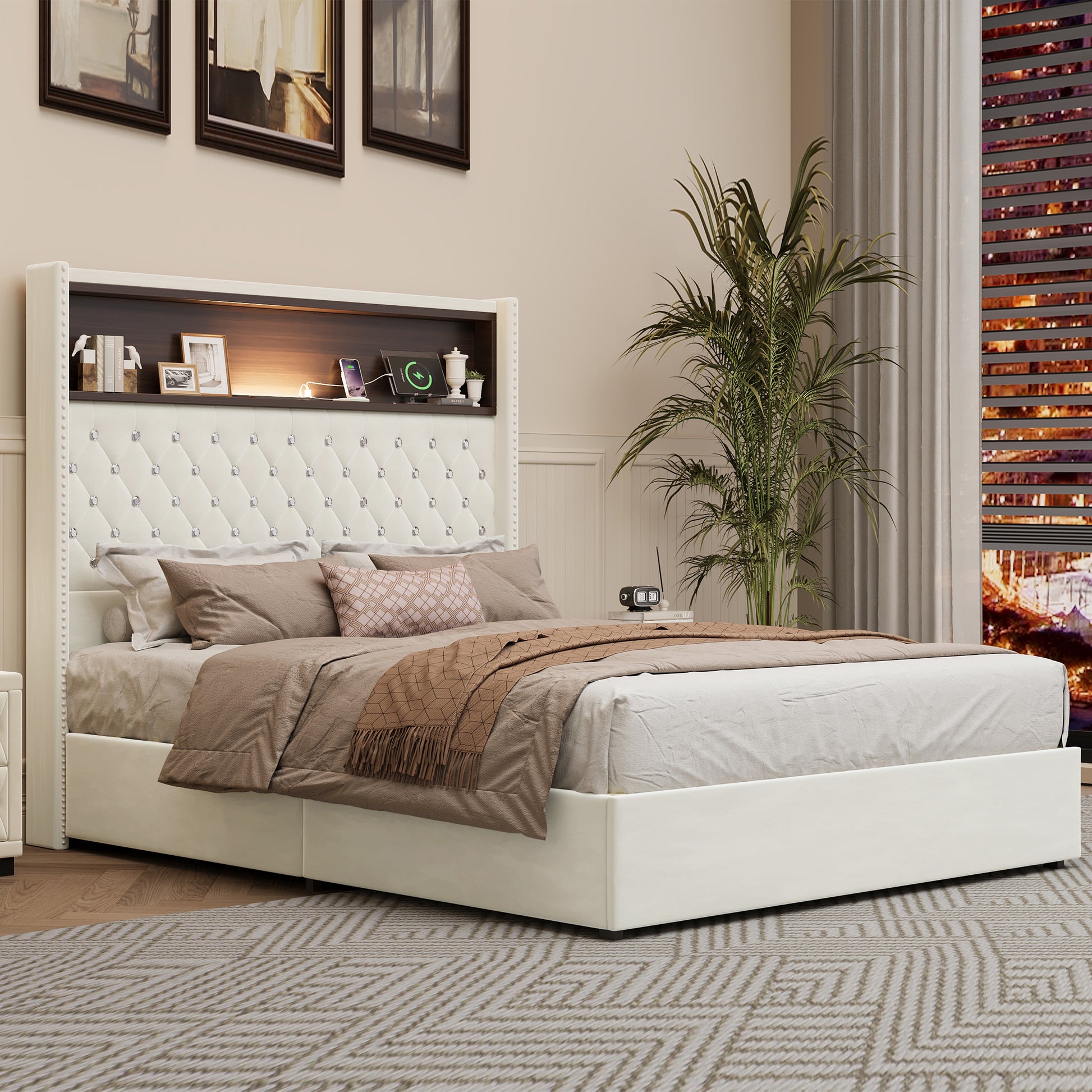 Full Size Velvet Tufted Soft Bed Frame with USB Port and Night Light,52''High Headboard with Rivet Decoration,Wing-back Platform Bed with Headboard Shelf,Beige image 3