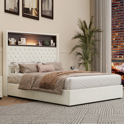 Full Size Velvet Tufted Soft Bed Frame with USB Port and Night Light,52''High Headboard with Rivet Decoration,Wing-back Platform Bed with Headboard Shelf,Beige image 3