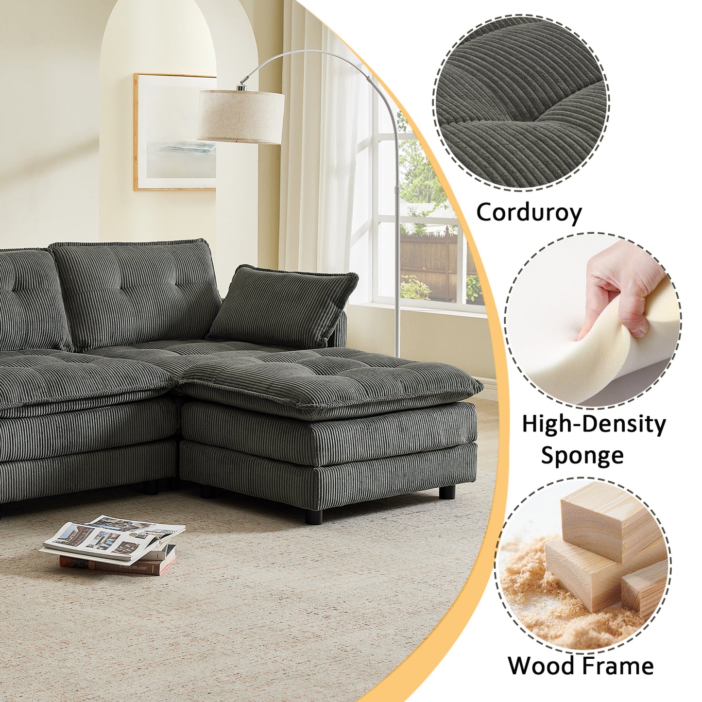 119" L-Shaped Oversized Corduroy Modular Sectional Sofa with 1 Ottoman and Multi Functional Console, 4-Seater Upholstered Couch with USB and 2 Cup Holder, Easy Assembly, for Living Room, Grey image 3