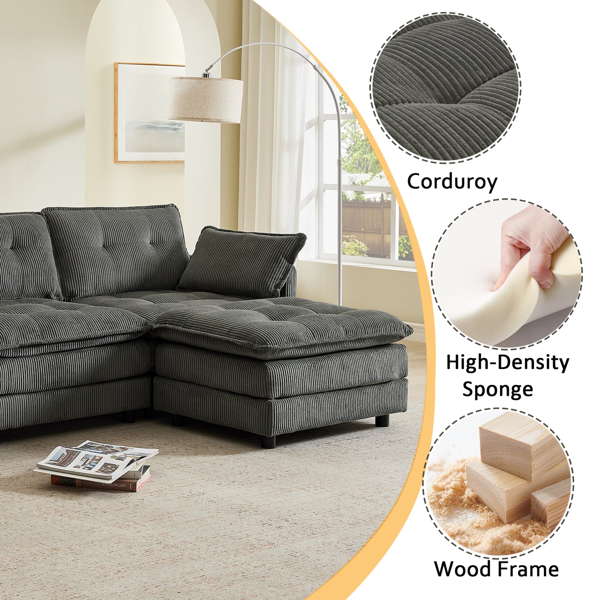 119" L-Shaped Oversized Corduroy Modular Sectional Sofa with 1 Ottoman and Multi Functional Console, 4-Seater Upholstered Couch with USB and 2 Cup Holder, Easy Assembly, for Living Room, Grey image 3