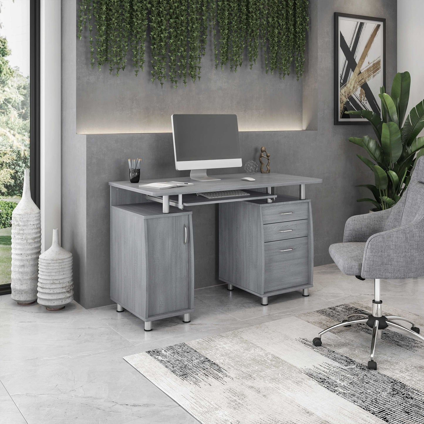 Techni Mobili Complete Workstation Computer Desk with Storage, Grey image 1