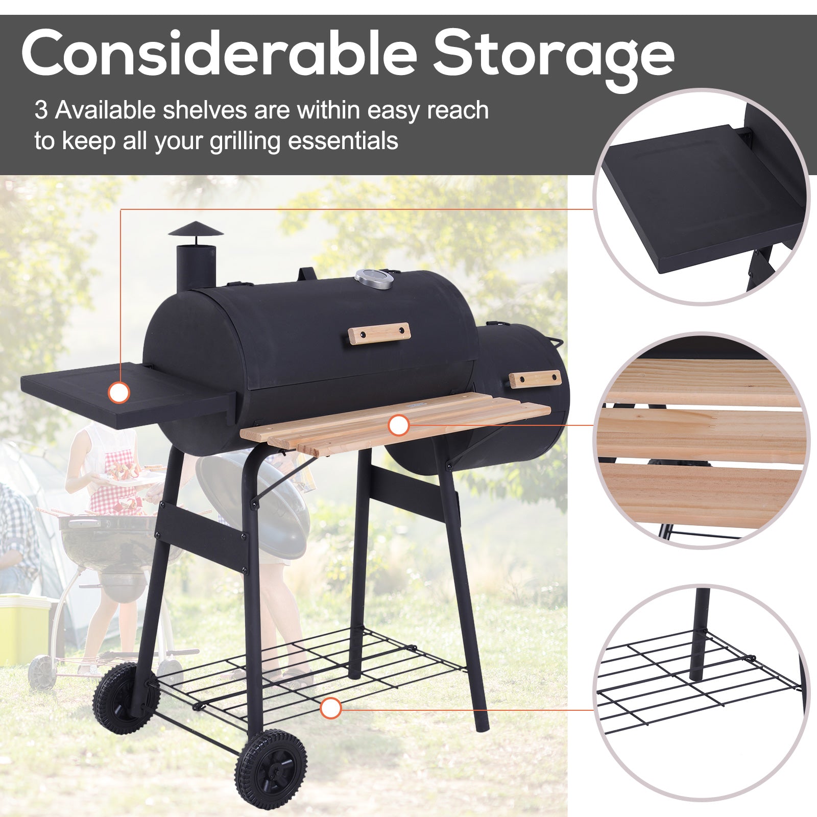 Outsunny 48" Steel Portable Backyard Charcoal BBQ Grill and Offset Smoker Combo with Wheels image 7