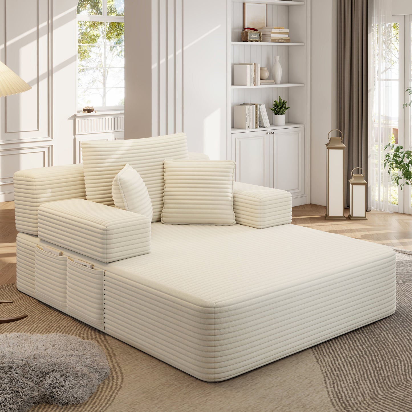 Luxurious Plush Corduroy Chaise Lounge with 3 Pillows, Convertible Sofa Bed with Storage Pocket, Frameless Design & Compression Foam for Small Spaces, Living Room, Apartment,Beige&White image 4
