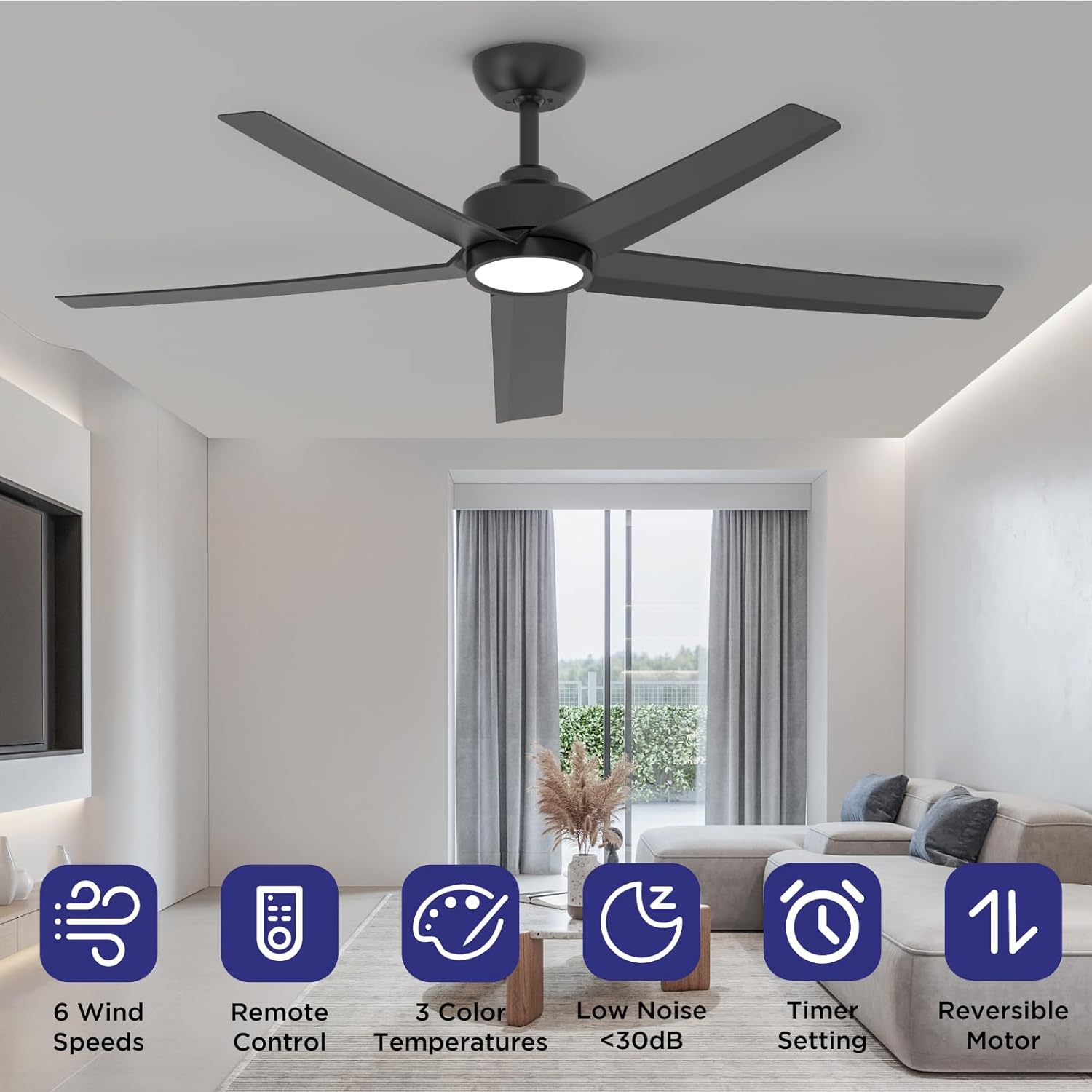 52 inch Ceiling Fans with Lights, Large Air Volume Ceiling Fans with Reversible Quiet DC Motor and Remote, 5D-W5, 5X-W5 image 7