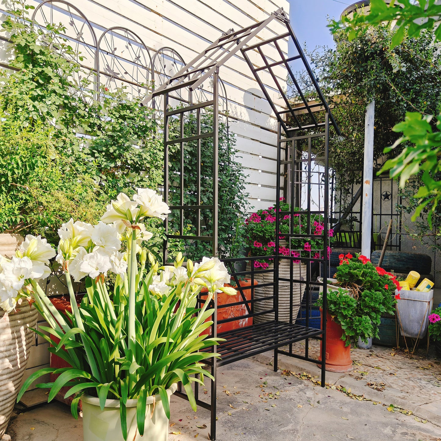 Metal Garden Arch with Bench Turned into Flower Stand W58.07*H97.24 Climbing Plants Support Rose Arch Outdoor Black image 10