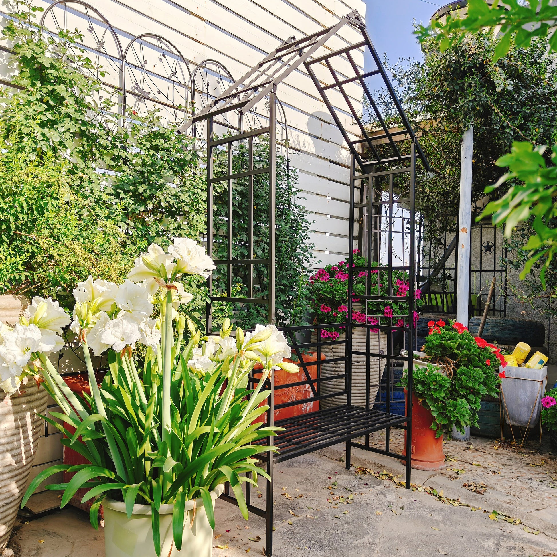 Metal Garden Arch with Bench Turned into Flower Stand W58.07*H97.24 Climbing Plants Support Rose Arch Outdoor Black image 10