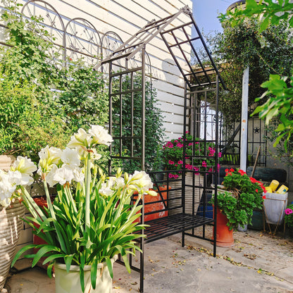 Metal Garden Arch with Bench Turned into Flower Stand W58.07*H97.24 Climbing Plants Support Rose Arch Outdoor Black image 10