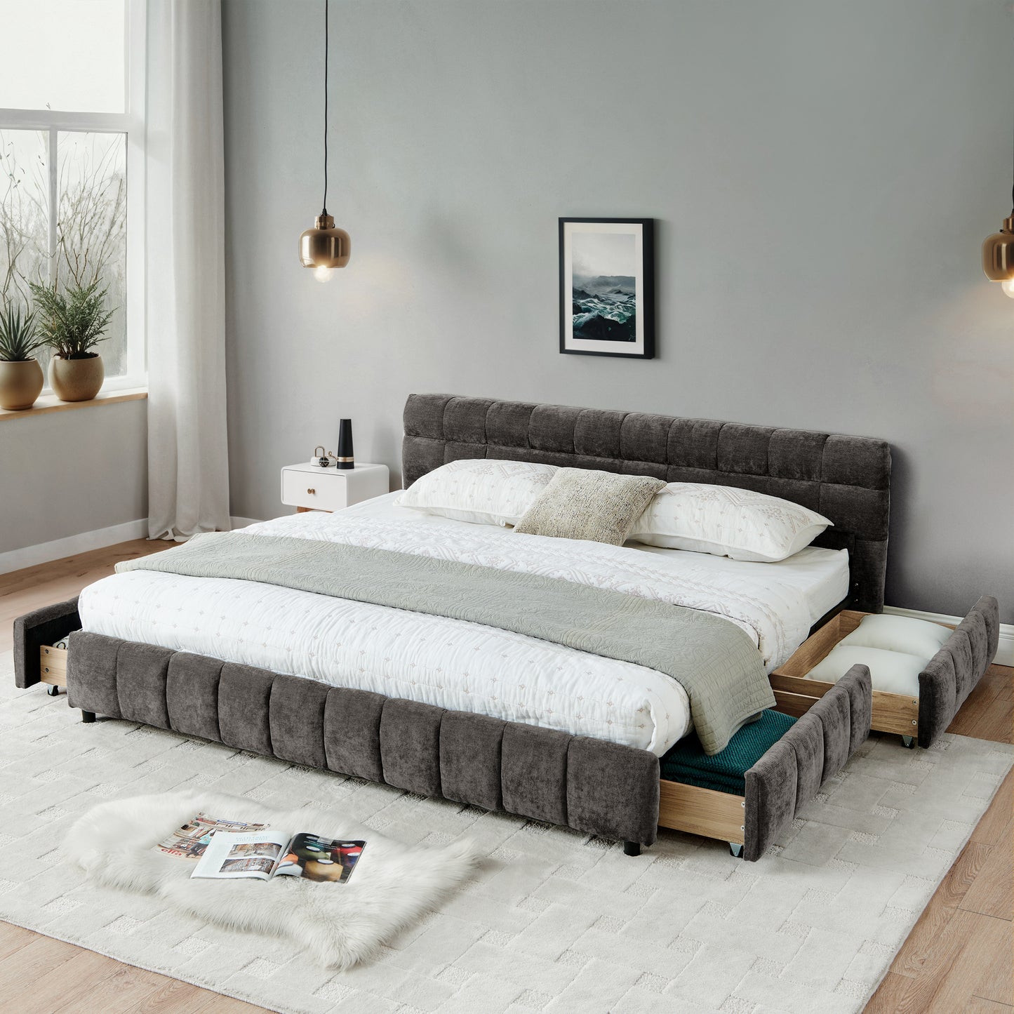 California King size Upholstered Bed,comfortable upholstered bed frame, Chenille fabric, with headboard and solid bed frame. With drawer for storage.-Dark Gray(90.5''*80.5''*31'') image 1