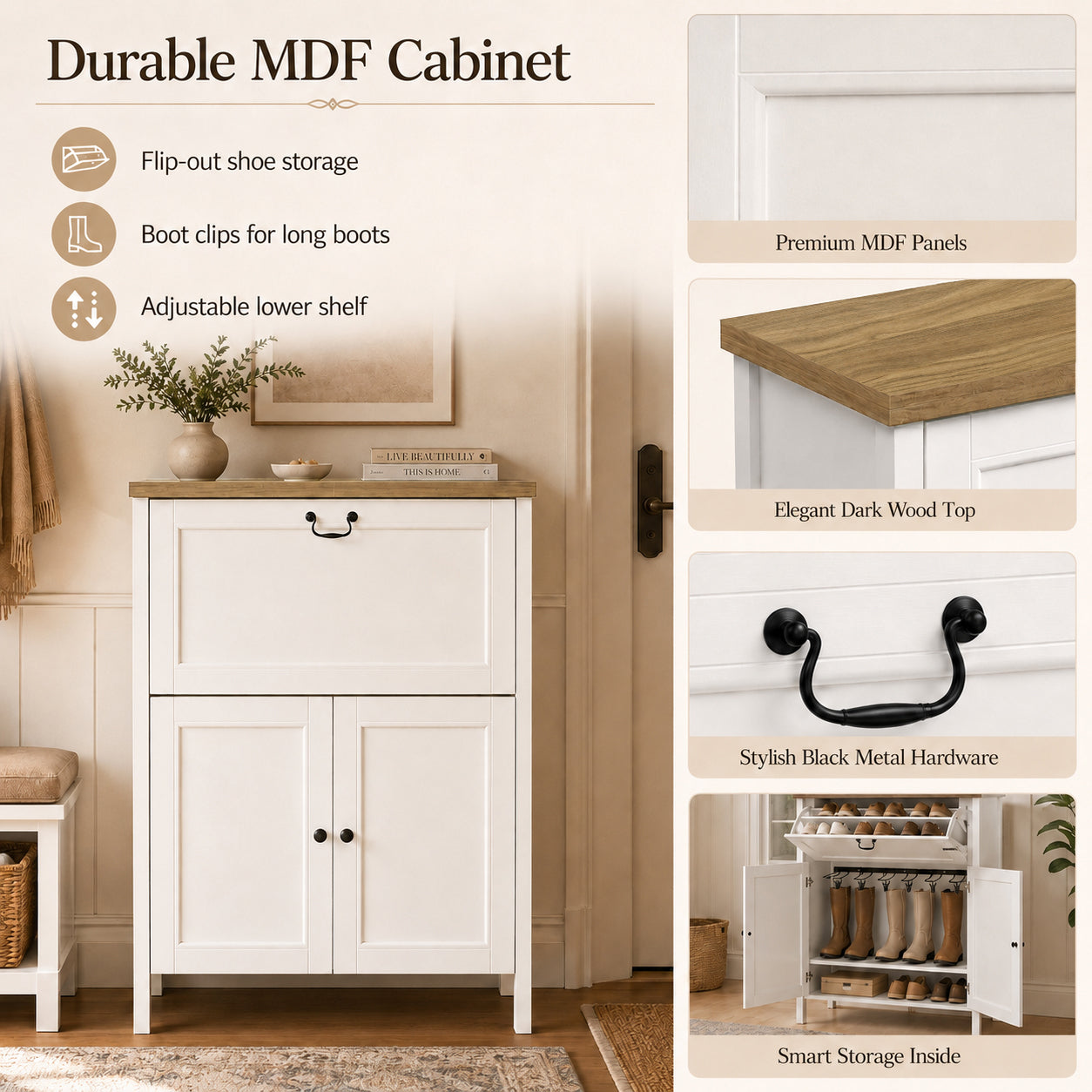Shoe Cabinet with Flip Drawer, Boot Rack and 6 Boot Clips, Narrow Entryway Shoe Cabinet with Adjustable Shelf, Freestanding Shoe Organizer Cabinet for Entryway, Foyer, 31.5"W x 15.7"D x 45.3"H-White image 7