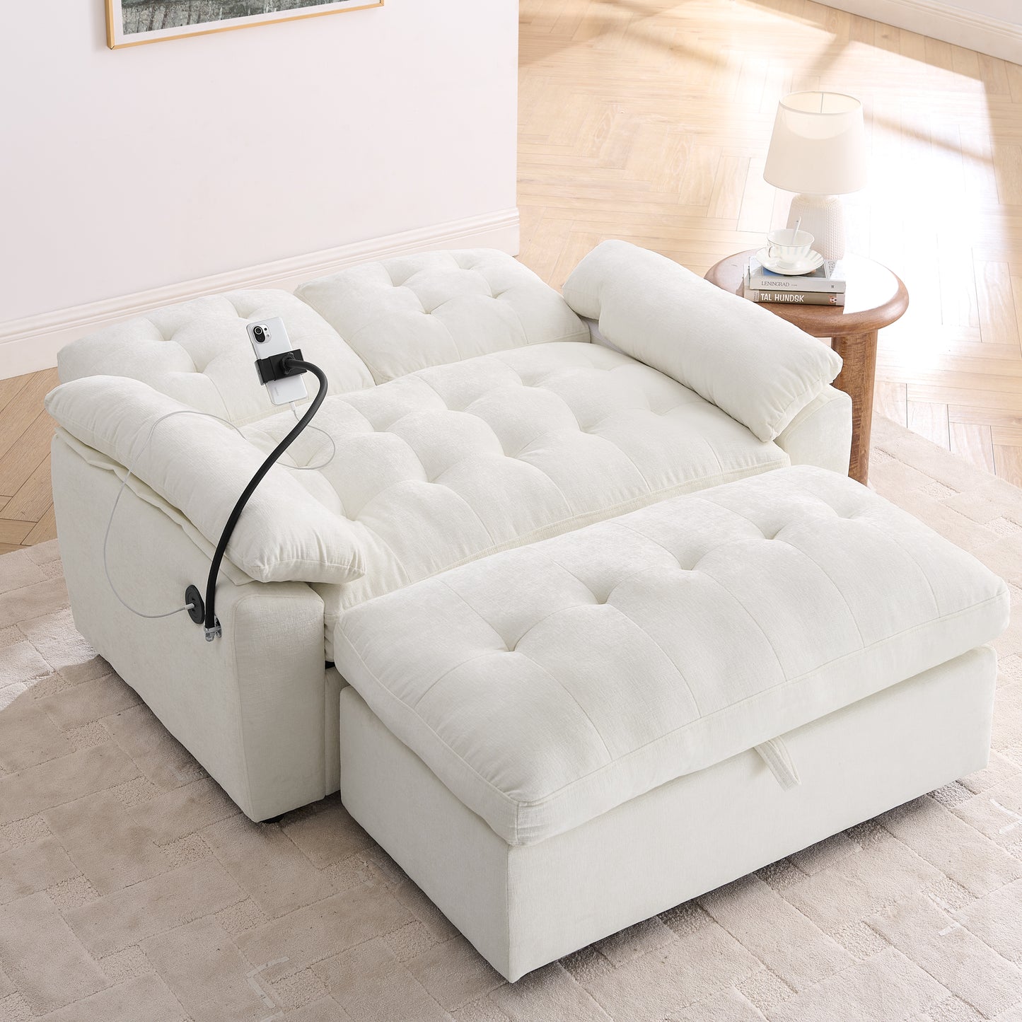 Leisure sofa chair,Double sofa recliner, with manually adjustable backrest, soft padded armrests, side USB charging port and phone stand, comes with a matching storage ottoman-Beige image 2