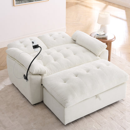 Leisure sofa chair,Double sofa recliner, with manually adjustable backrest, soft padded armrests, side USB charging port and phone stand, comes with a matching storage ottoman-Beige image 2