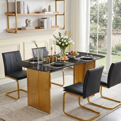 Modern-Style Rectangular Tempered Glass Dining Table for 6, Featuring a Marble-Patterned Design with Golden Hollow-Out Metal Legs, an Ideal Dining Table for Living Rooms and Home Offices. image 2