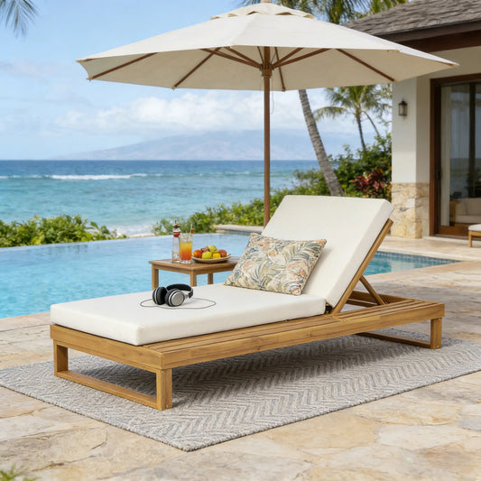 Teak finish acacia wood chaise lounge with cream cushion and flat side surface on patio
