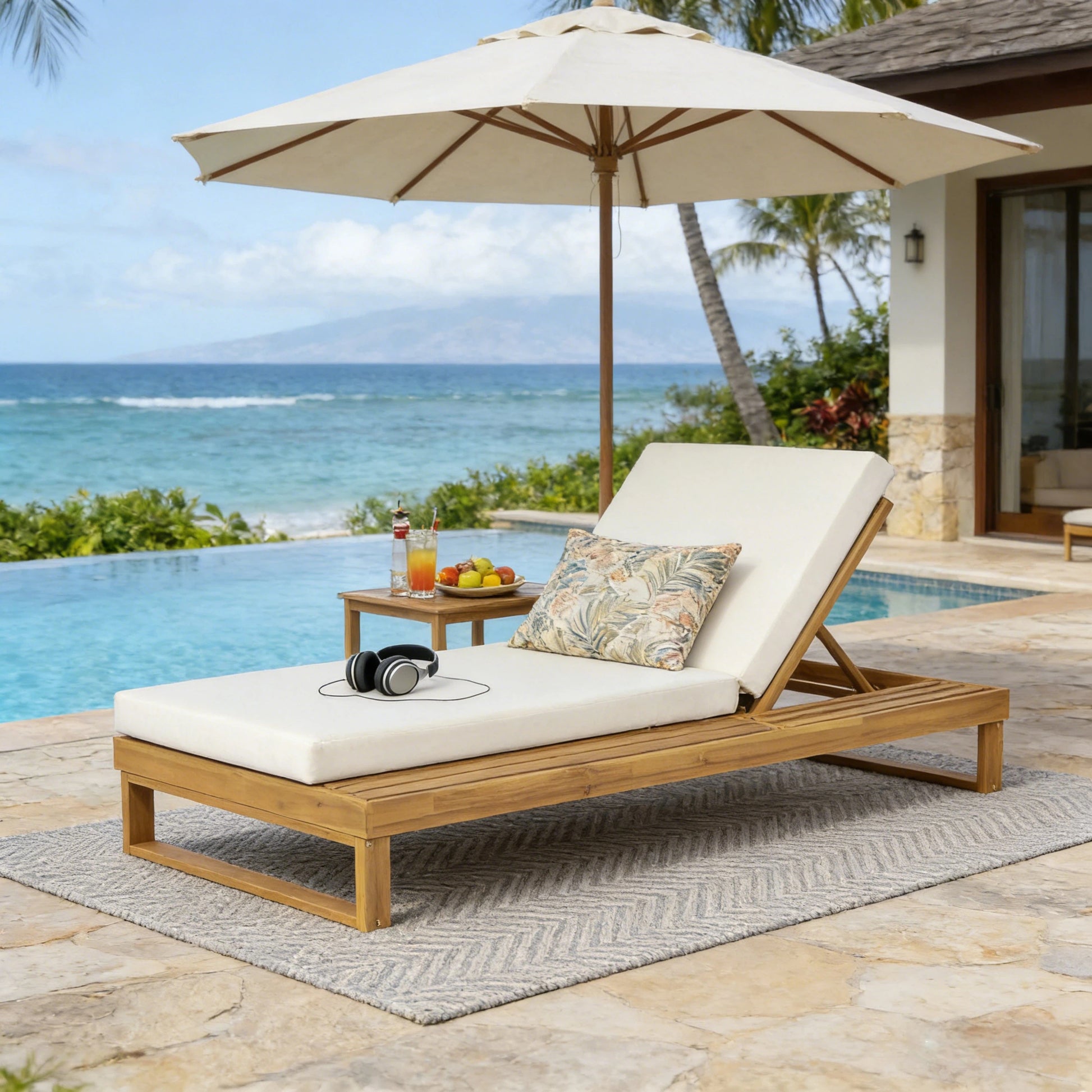 Teak Finish Acacia Wood Chaise Lounge with 4-Inch Cream 2-Fold Cushion Set, 4-Position Adjustable Outdoor Patio Lounger with Flat Side Surface, for Poolside - Matching dark grey version available image 1