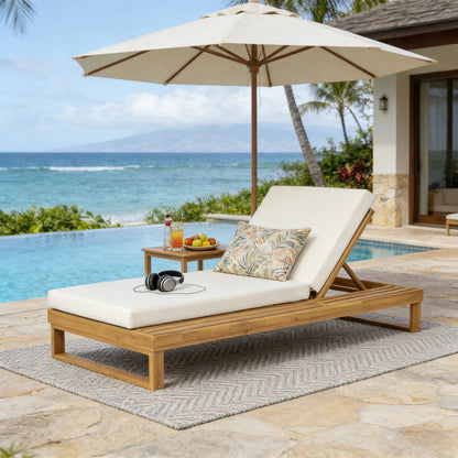 Teak Finish Acacia Wood Chaise Lounge with 4-Inch Cream 2-Fold Cushion Set, 4-Position Adjustable Outdoor Patio Lounger with Flat Side Surface, for Poolside - Matching dark grey version available image 1