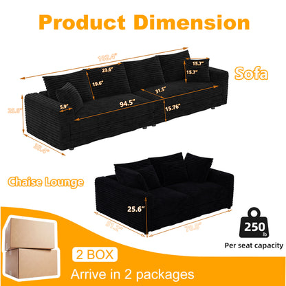 102.4 " Plush Corduroy 4-Seat Sofa,Modern Comfy Upholstered Sofa Cloud Couch,Deep Seat Couches with Soft Pillows,Convertible Deep Seat Sofa Lounge Chair for Apartment,Office,Black(Old Sku:W1885S00272 image 5