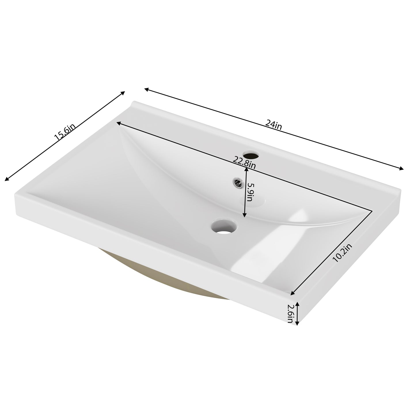 24 Inch Bathroom Vanity Sink Top,Ceramic Basin,2.6-inch Thickened Ceramic Basin,Does Not Include Faucet and Drain,Glossy White image 8