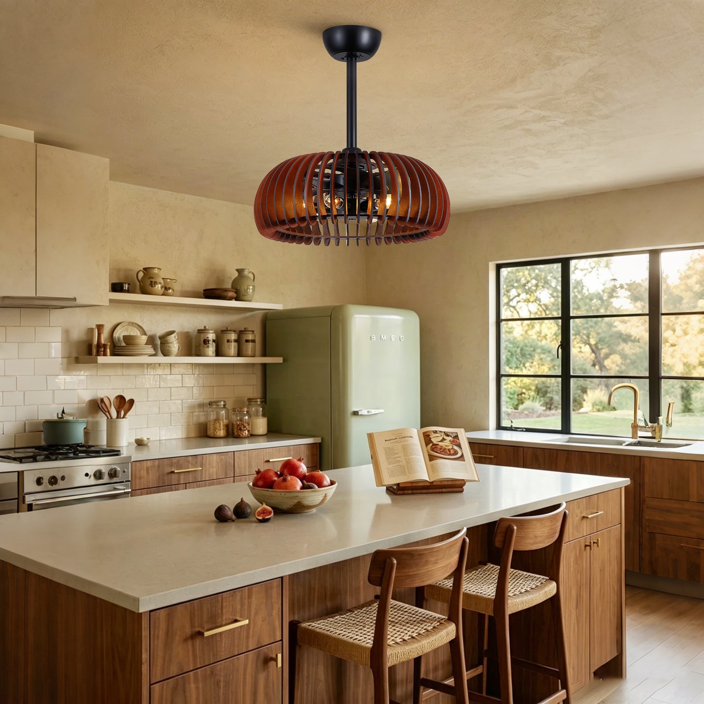 20" Pumpkin Wood Ceiling Fan, Rustic Farmhouse Plywood Fandelier with 6 E12 Sockets, Reversible DC Motor, Adjustable Hanging, 6 Speeds Remote Control Ceiling Fan for Dining Room Kitchen image 6