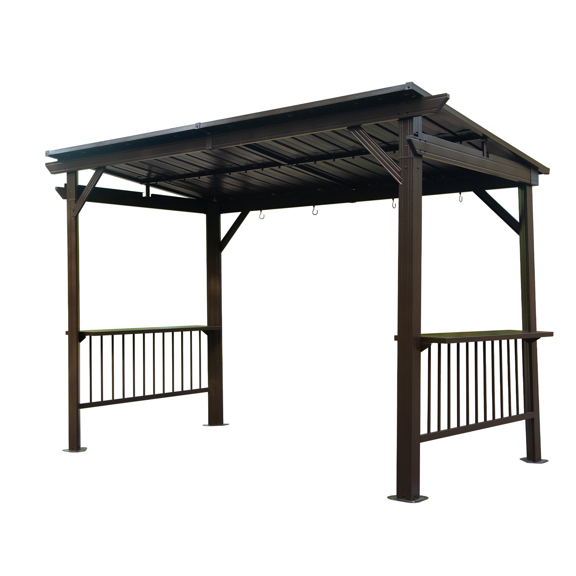 6.5x12FT Hardtop Grill Gazebo, Outdoor BBQ Gazebo with 2 Side Shelves and Sloping Galvanized Steel Roof, Metal Permanent Grill Canopy with Ceiling Hooks for Patio, Lawn, Backyard, Deck, Brown image 2