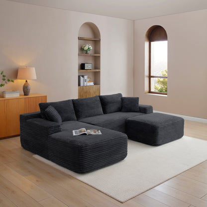 Corduroy Ottoman, Upholstered Cloud Ottoman for Boneless Couch in A Box, Compressed Memory Foam Footrest No Assembly Require,Black image 3