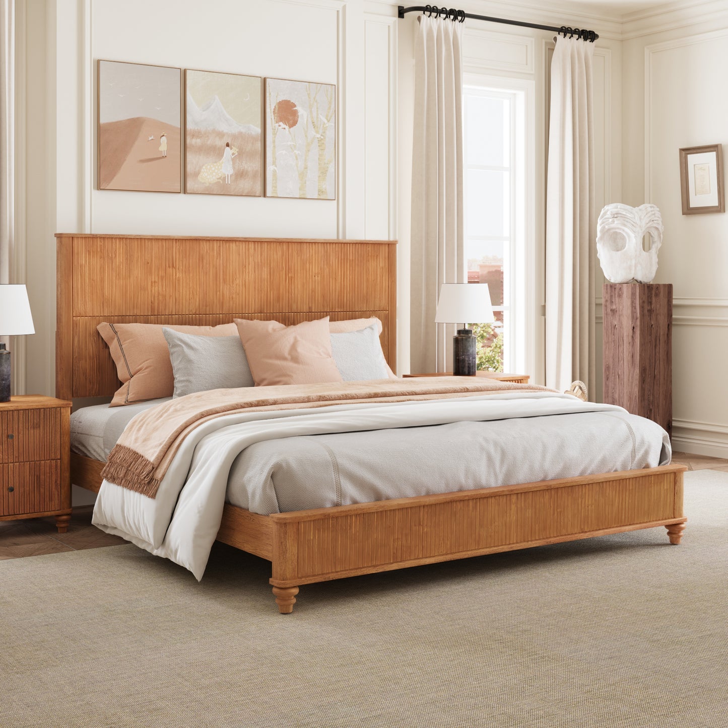 Solid Wood Bed Frame,King Platform Bed Frame with Headboard,Tall Headboard Natural Wood Bed,No Box Spring Needed,Natural image 3