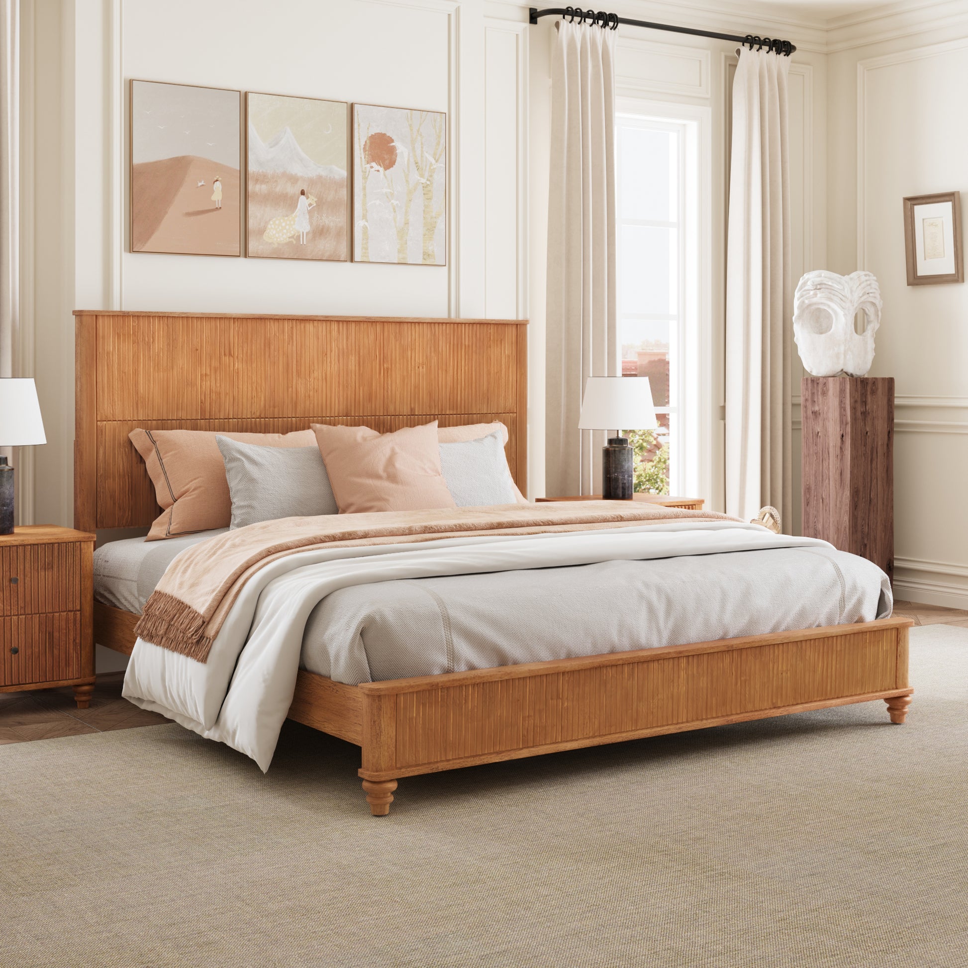 Solid Wood Bed Frame,King Platform Bed Frame with Headboard,Tall Headboard Natural Wood Bed,No Box Spring Needed,Natural image 3