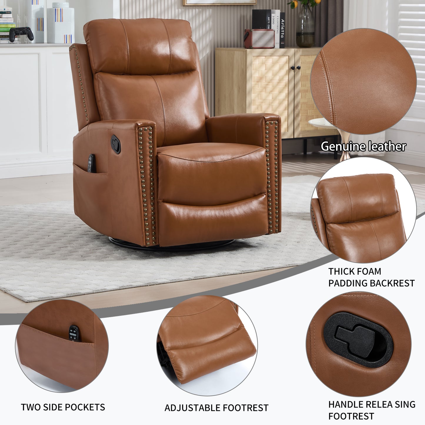 Deep Yellow Genuine Leather Heat Massage Manual Recliner Chair with Rocker and Swivel for Living Room image 10