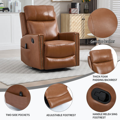 Deep Yellow Genuine Leather Heat Massage Manual Recliner Chair with Rocker and Swivel for Living Room image 10