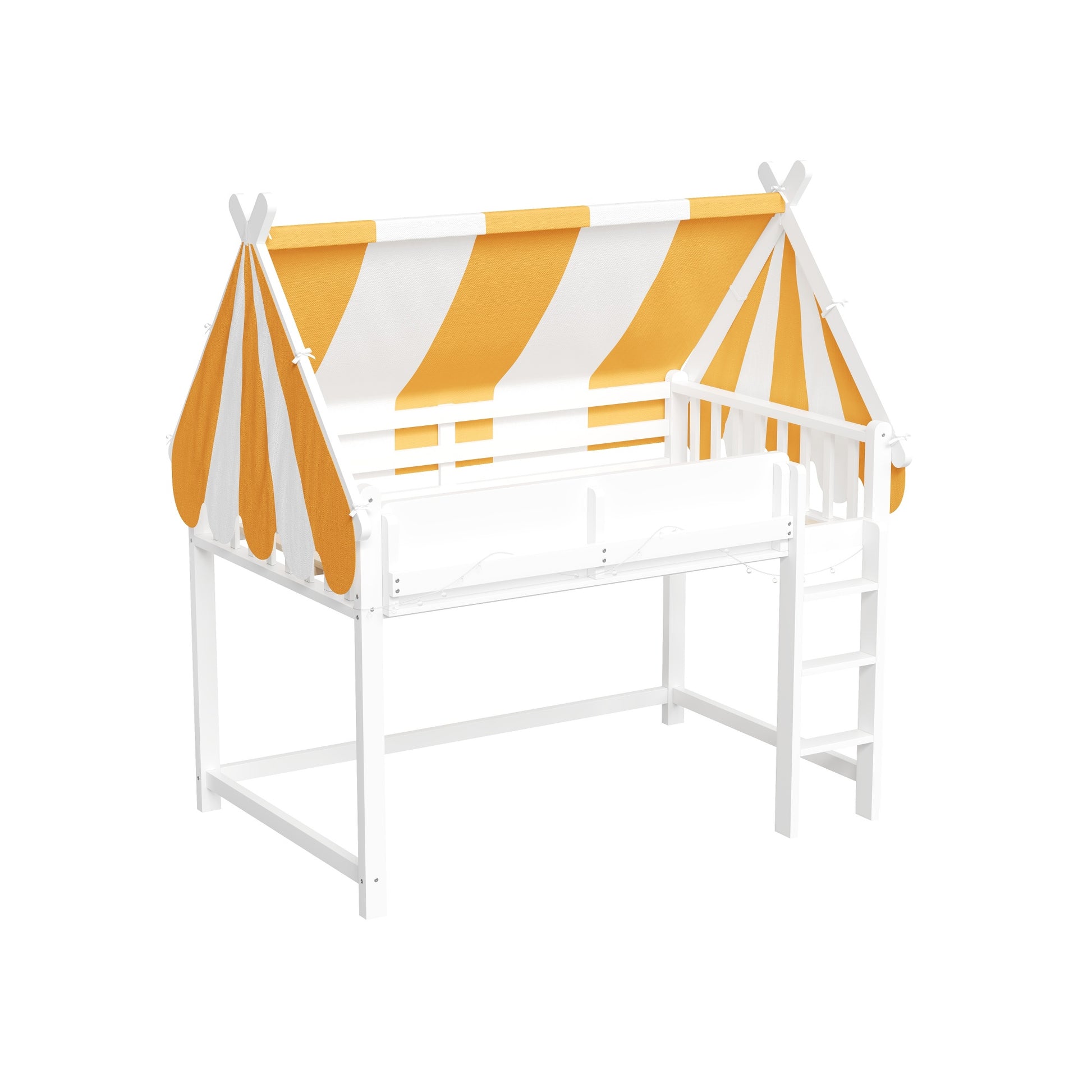 Full Size Loft Bed with Canopy, LED Lights & Book Shelf, White image 12