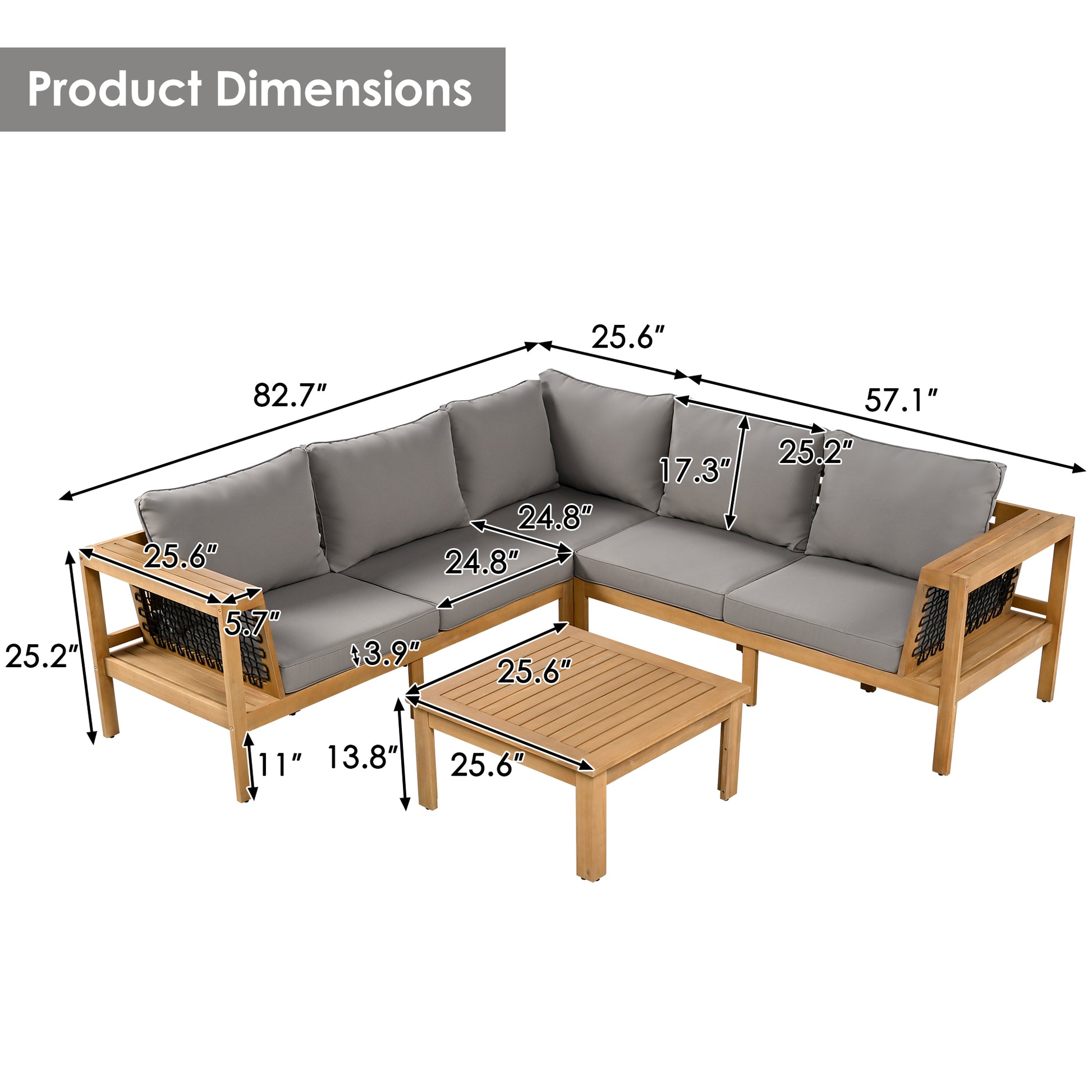 <Old SKU: N704G201249E> 4 Pieces Outdoor Acacia Wood Sofa Set, Woven Mesh Armrests, L-Shaped Patio Furniture Sofa Set with Coffee Table, Outdoor Conversation Set with Gray Cushions and Side Table image 7