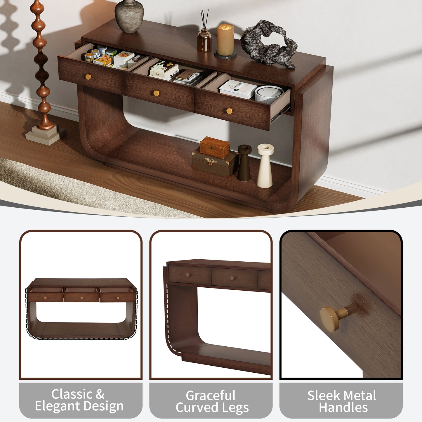Classic-Style Console Table, 3 Storage Drawers, Display Shelf, Curved Legs, Painted Finish, Entryway/Hallway/Living Room, Walnut image 6
