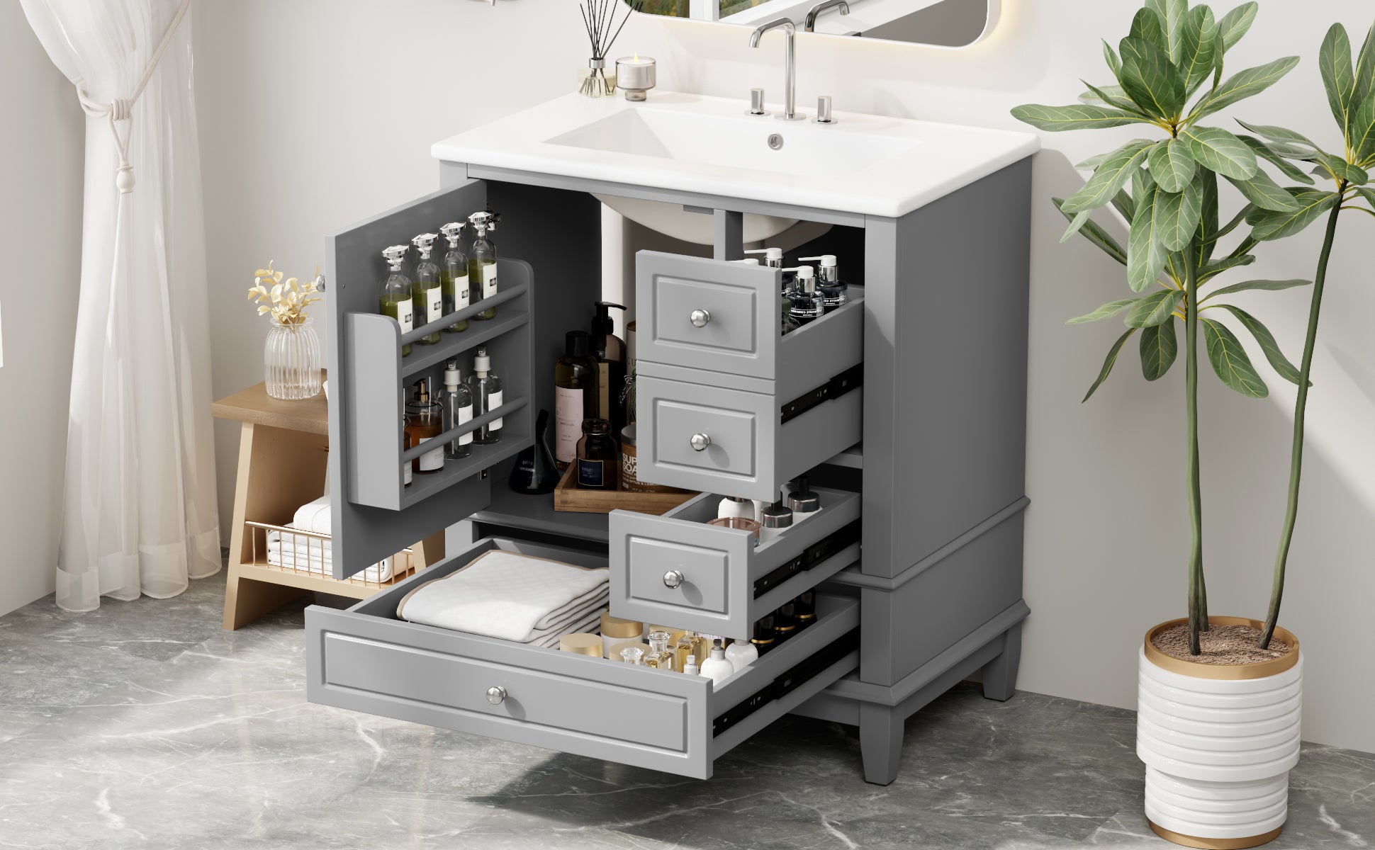 30" Bathroom Vanity with Sink, One Door with Shelf and Three Drawers, Soft Close Door, Grey image 2