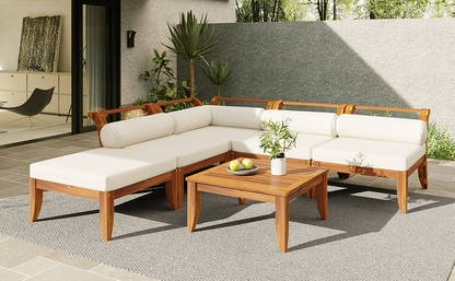 TOPMAX 6 Piece Patio Sofa Set, Acacia Wood Outdoor Modular Sectional Garden Furniture Set L-Shaped Conversation Set, Convertible Daybed with Tea Table, Ottoman, 5 Cushions and Pillows, Teak+Beige image 5