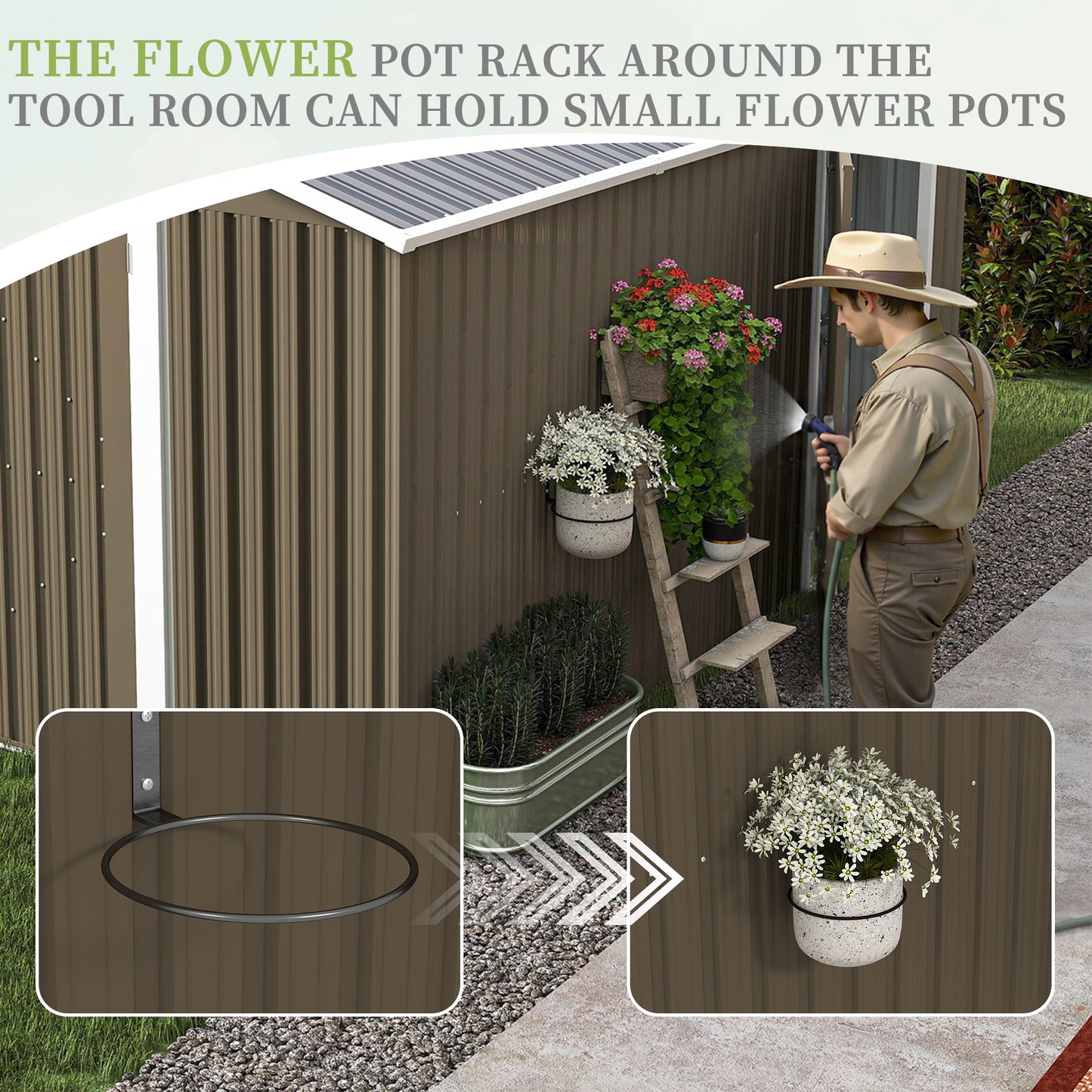 10x12 FT Outdoor Metal Storage Shed, Large Storage Sheds with Sturdy Frame Structure, Metal Garden Tool Shed with Lockable Door for Garden,Gift a foldable flower pot stand, Backyard,BROWN image 2