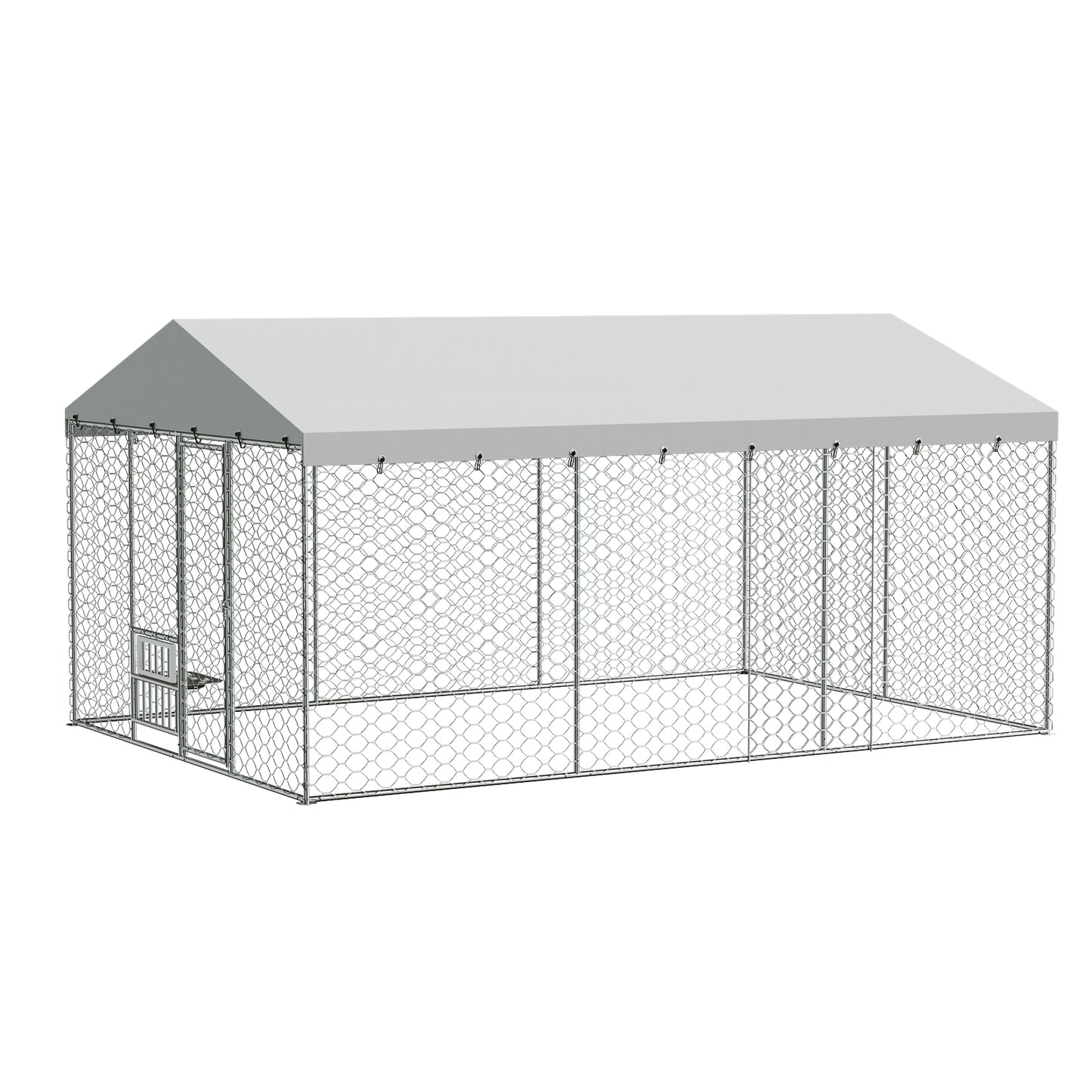 15x10 FT Large Outdoor Dog Kennel with Canopy, Heavy Duty Galvanized Steel Frame, Waterproof Cover, Built-in Elevated Feeding Bowls, Escape-Proof Lockable Pet Playpen for Large Dogs & Multiple Animal image 3