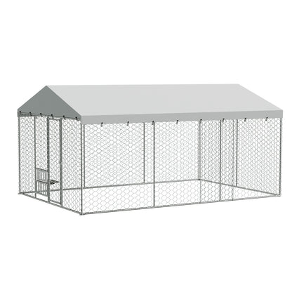15x10 FT Large Outdoor Dog Kennel with Canopy, Heavy Duty Galvanized Steel Frame, Waterproof Cover, Built-in Elevated Feeding Bowls, Escape-Proof Lockable Pet Playpen for Large Dogs & Multiple Animal image 3
