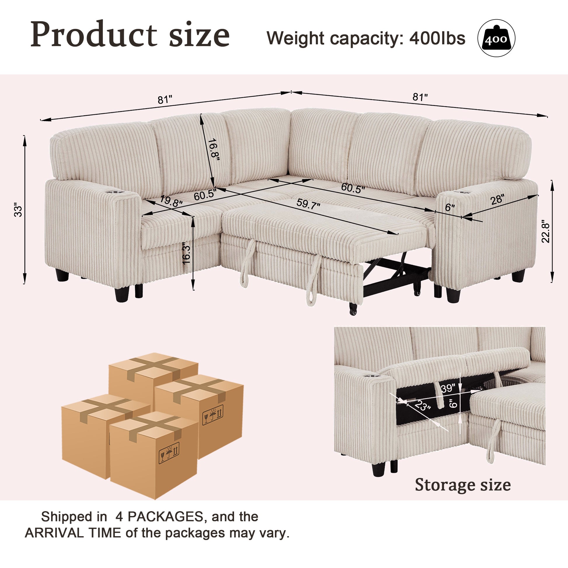 L-Shaped Sectional Sofa Bed with Pull-Out Bed & Storage, 5-Seat Sleeper Couch with USB Charging, Convertible Design for Living Room, Apartment, Corduroy Fabric, Beige image 10