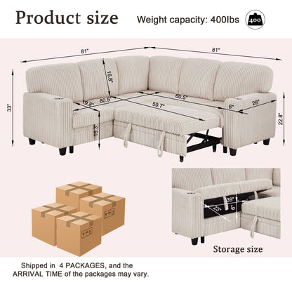 L-Shaped Sectional Sofa Bed with Pull-Out Bed & Storage, 5-Seat Sleeper Couch with USB Charging, Convertible Design for Living Room, Apartment, Corduroy Fabric, Beige image 10