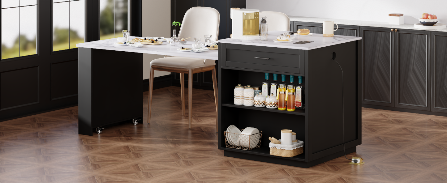 K&K 82.7 inch Kitchen Island with Extendable Dining Table for 4-6 Person,Faux Mable Kitchen Table with Double-sized Storage,Power Outlet,Kitchen island with Storage 2 Drawers 2 Side Open Shelves,Black image 8