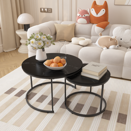 27.6" Nesting Coffee Table Set of 2, Round Coffee Table Wood Marble Pattern Top with Sturdy Metal Frame, End Table Side Tables for Living Room Bedroom Balcony Yard (Black) image 1